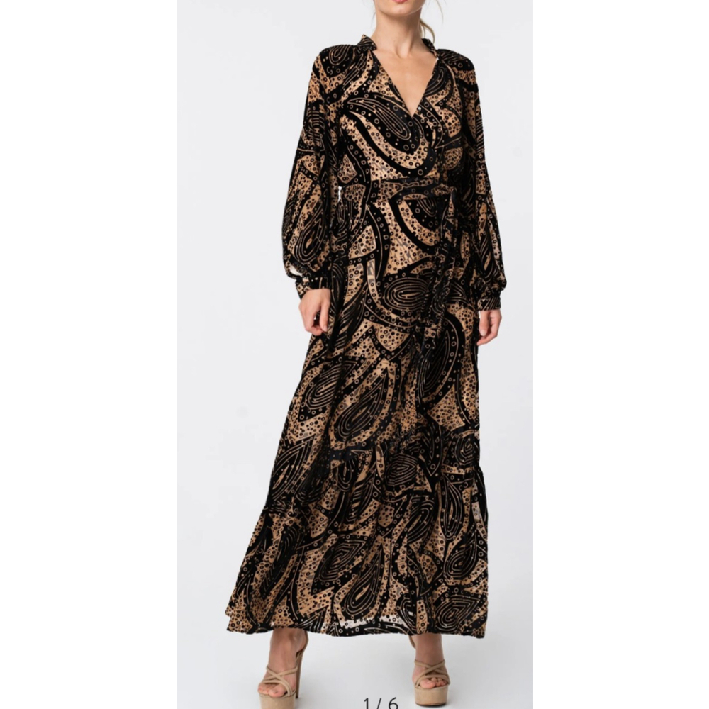 Ciebon Dress Size Medium Black Velvet Burnout Aria Midi Belted